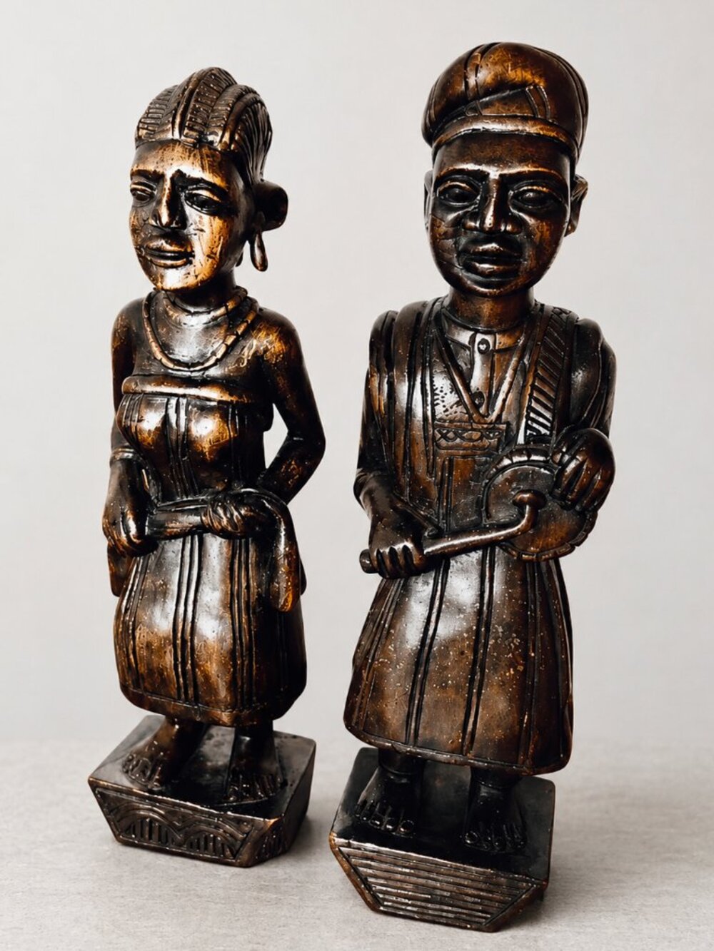 Vintage Hand Carved African Tribal Wood Sculptures Pair 19.25” Folk Art